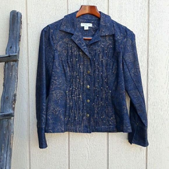Vtg 90's Western Jean Jacket Gold Metallic Print Pintuck Studded Details Sz 4 - Picture 2 of 9